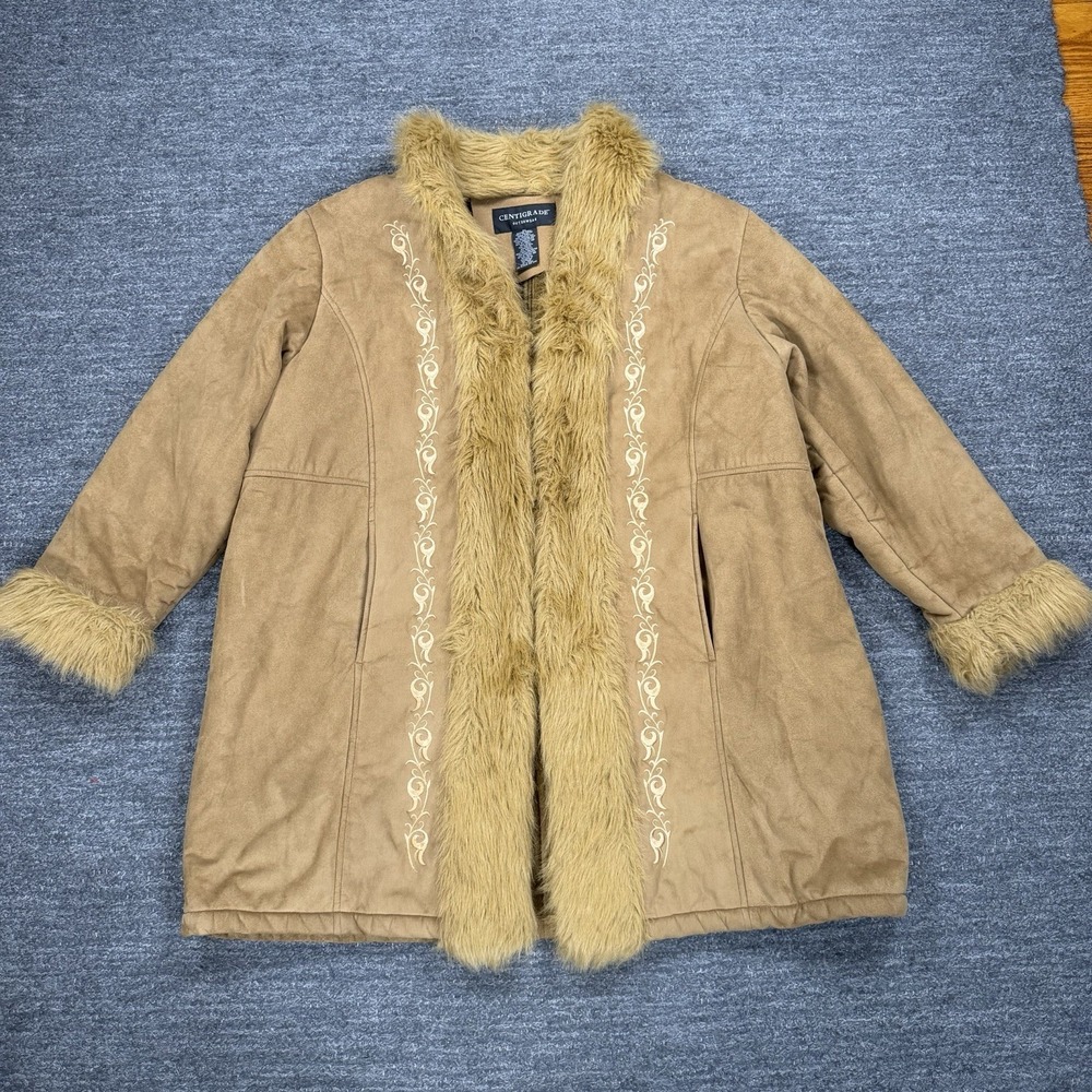 Centigrade Penny Lane Coat Women 2X Plus Tan Embroidered 90s Faux Fur Collar